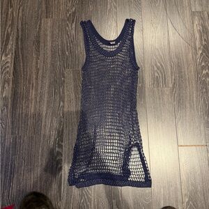 Navy Blue Beaded Crochet Cover-Up Dress